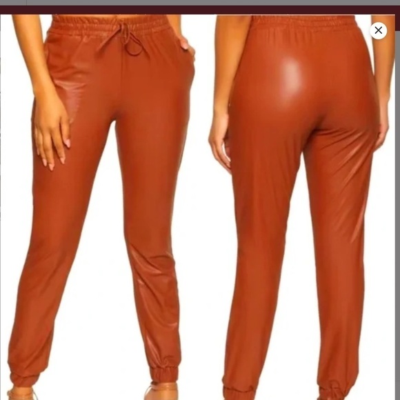 21 Saints Pants - 21 Saints Elastic Waist Faux Leather Jogger Size Small Cognac/copper Color